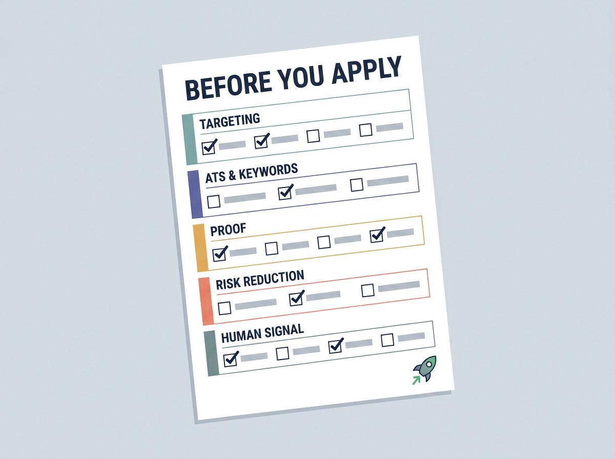 Resume pre-application checklist showing five verification categories: targeting, ATS keywords, proof, risk reduction, and human signal
