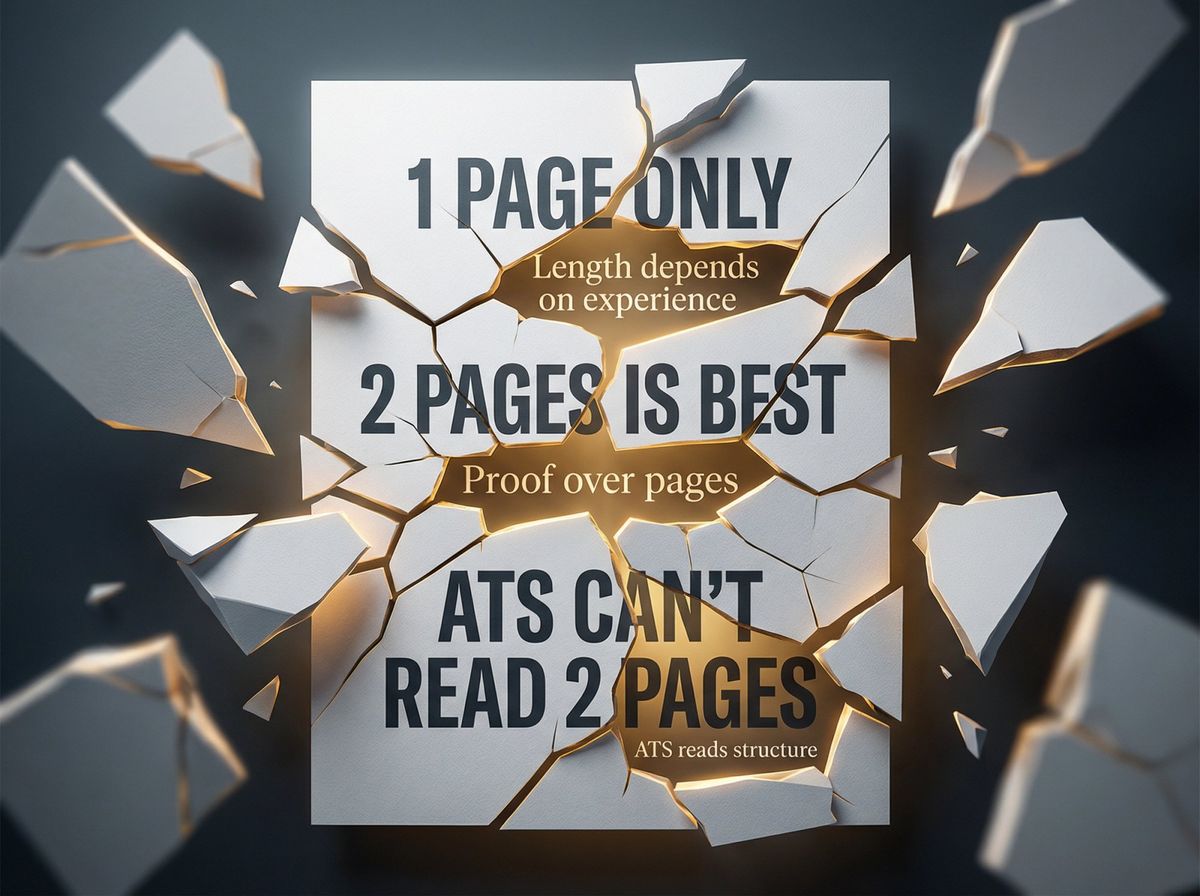 Visual representation of CV length myths being shattered to reveal evidence-based truth