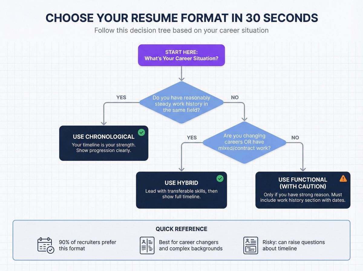 Simple decision flowchart showing 30-second resume format selection based on career situation