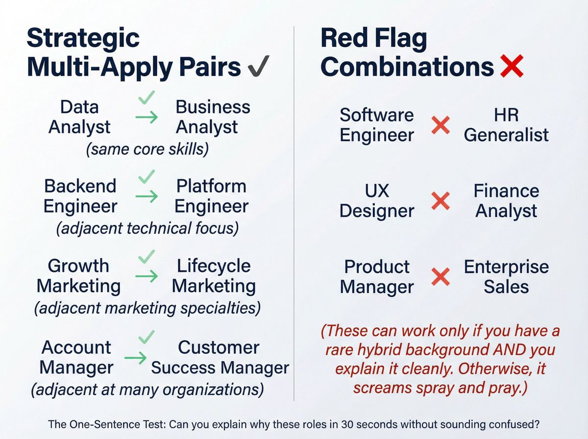 Side-by-side comparison chart showing good vs bad job application pairs at the same company