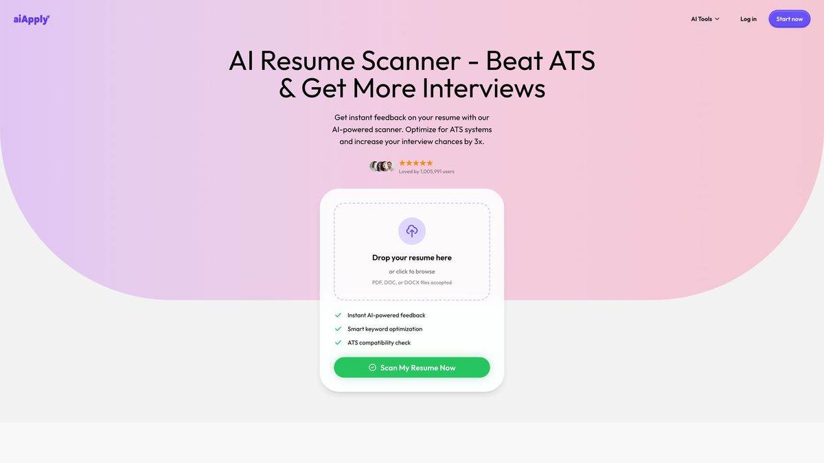 AIApply Resume Scanner showing instant feedback interface for resume optimization and ATS compatibility checking