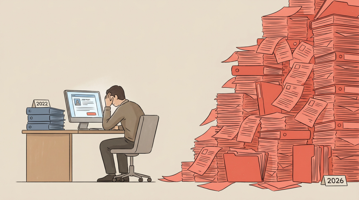 Editorial illustration showing a recruiter overwhelmed by 5x more applications in 2026 versus 2022, symbolizing the modern job search volume problem