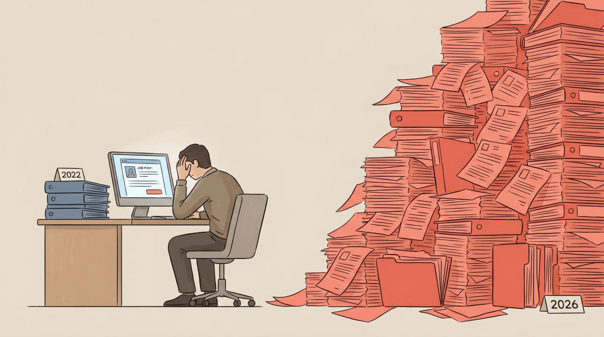 Editorial illustration showing a recruiter overwhelmed by 5x more applications in 2026 versus 2022, symbolizing the modern job search volume problem