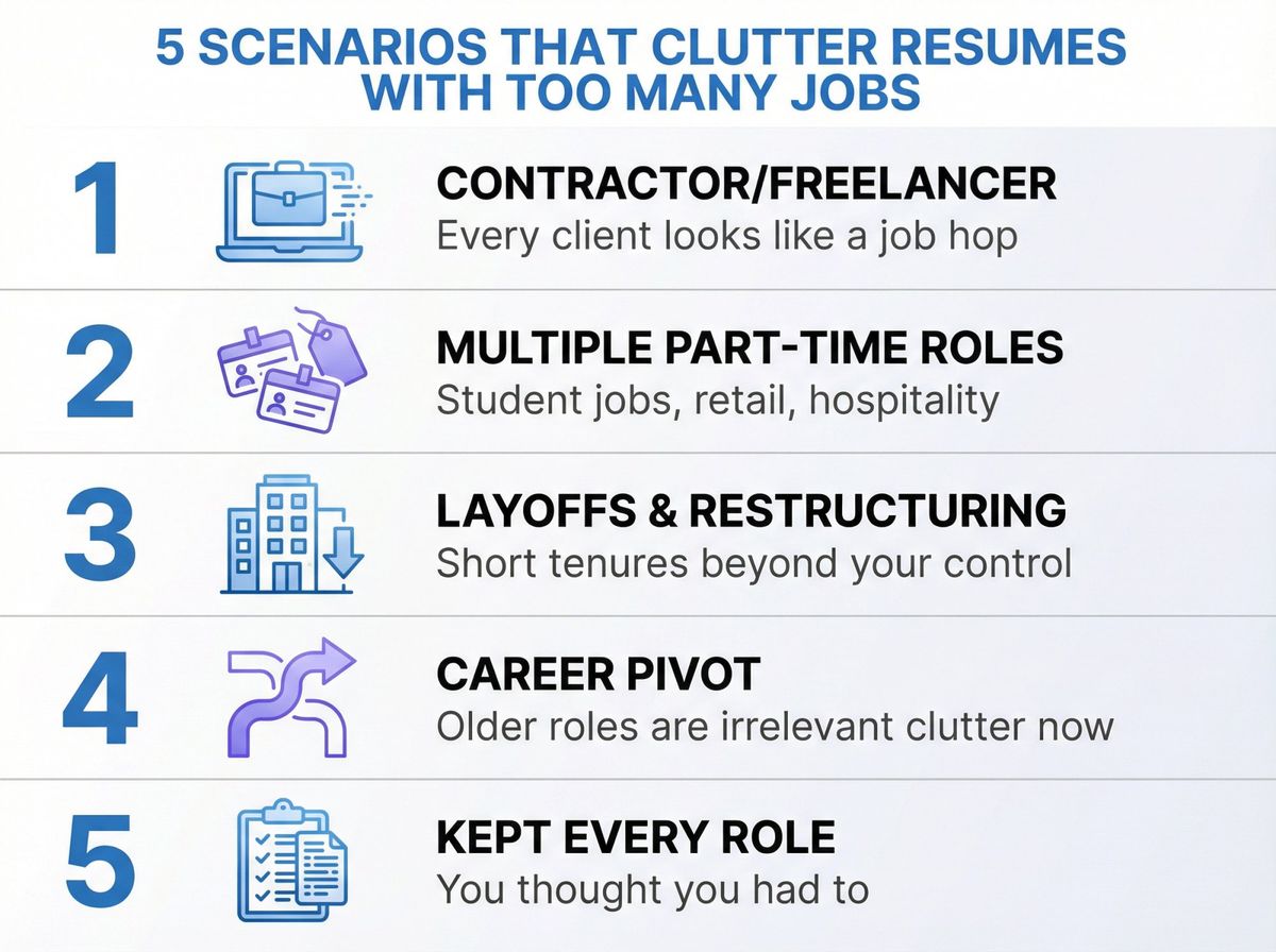 Five common situations that create too many jobs on a resume: contractor work, part-time roles, layoffs, career pivots, and keeping every role