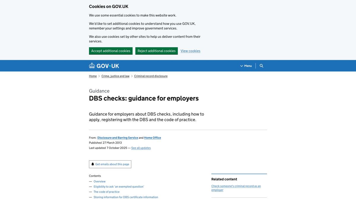 Official UK DBS guidance page showing criminal record check requirements for employers