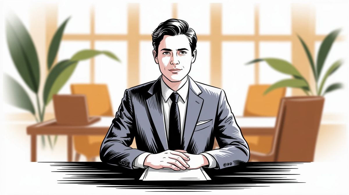 Hand-drawn illustration of a professional in a dark suit sitting confidently at an interview table with hands clasped, facing forward in a bright office setting with plants and warm lighting, symbolizing job interview preparation and confidence