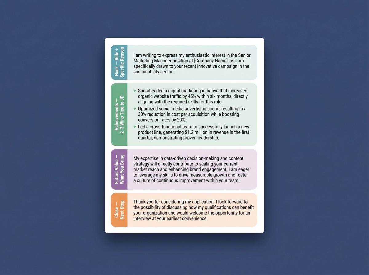 Anatomy of a strong cover letter showing four labeled paragraphs: hook, achievements, future value, and close
