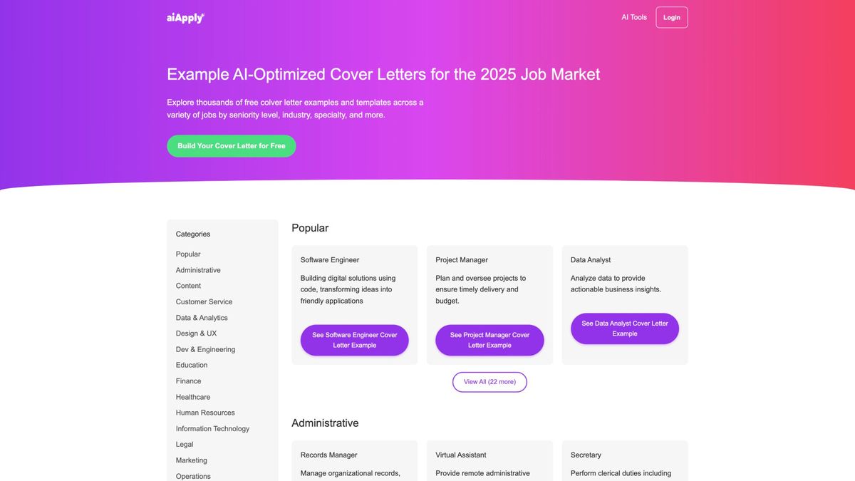 AIApply Cover Letter Examples gallery showing role-specific templates for software engineers, marketing managers, and other positions