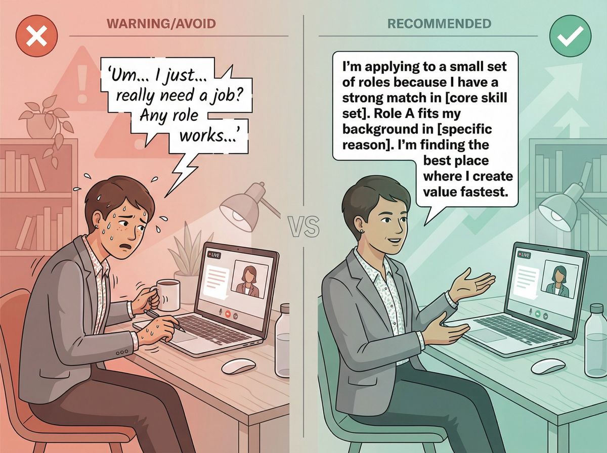 Split-panel illustration showing wrong vs. right way to answer questions about multiple job applications during an interview