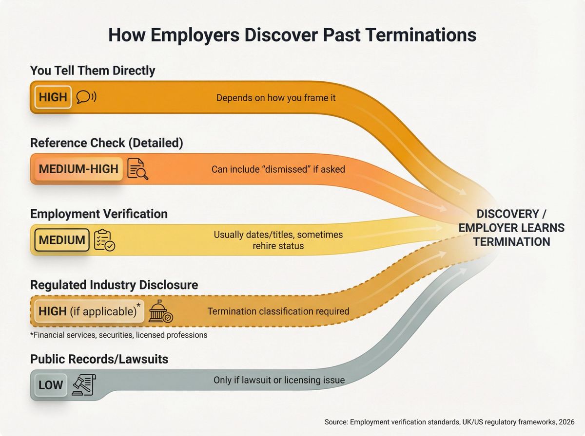 Infographic showing 5 ways employers discover past terminations with likelihood ratings and information revealed