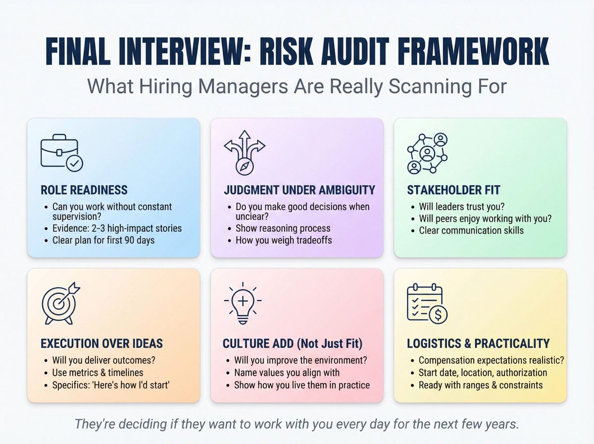 Visual framework showing 6 evaluation criteria hiring managers assess during final interviews: role readiness, judgment, stakeholder fit, execution, culture add, and logistics