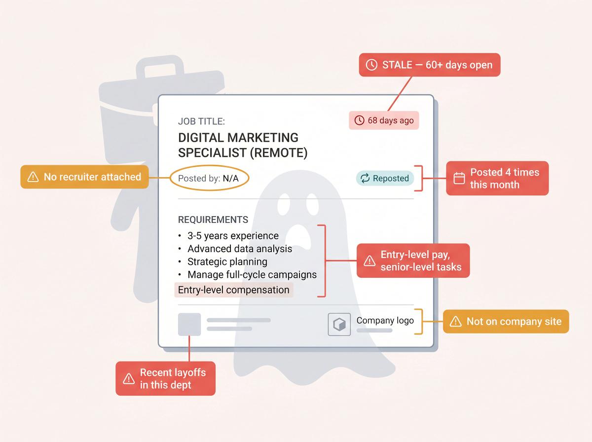 Annotated job posting showing six red-flag warning signs of ghost jobs, including stale date, no recruiter listed, and contradictory requirements