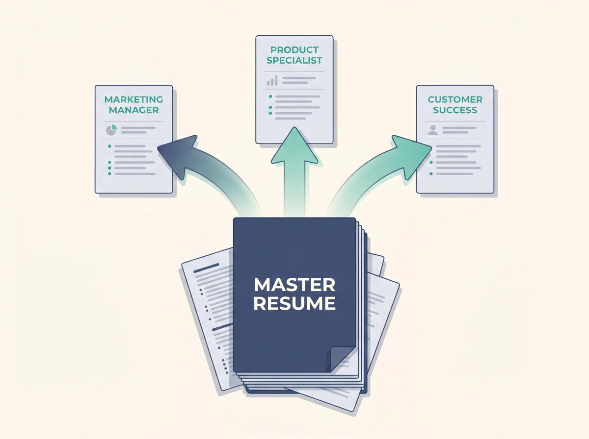 Master resume as a central source document with tailored versions branching out for different job roles