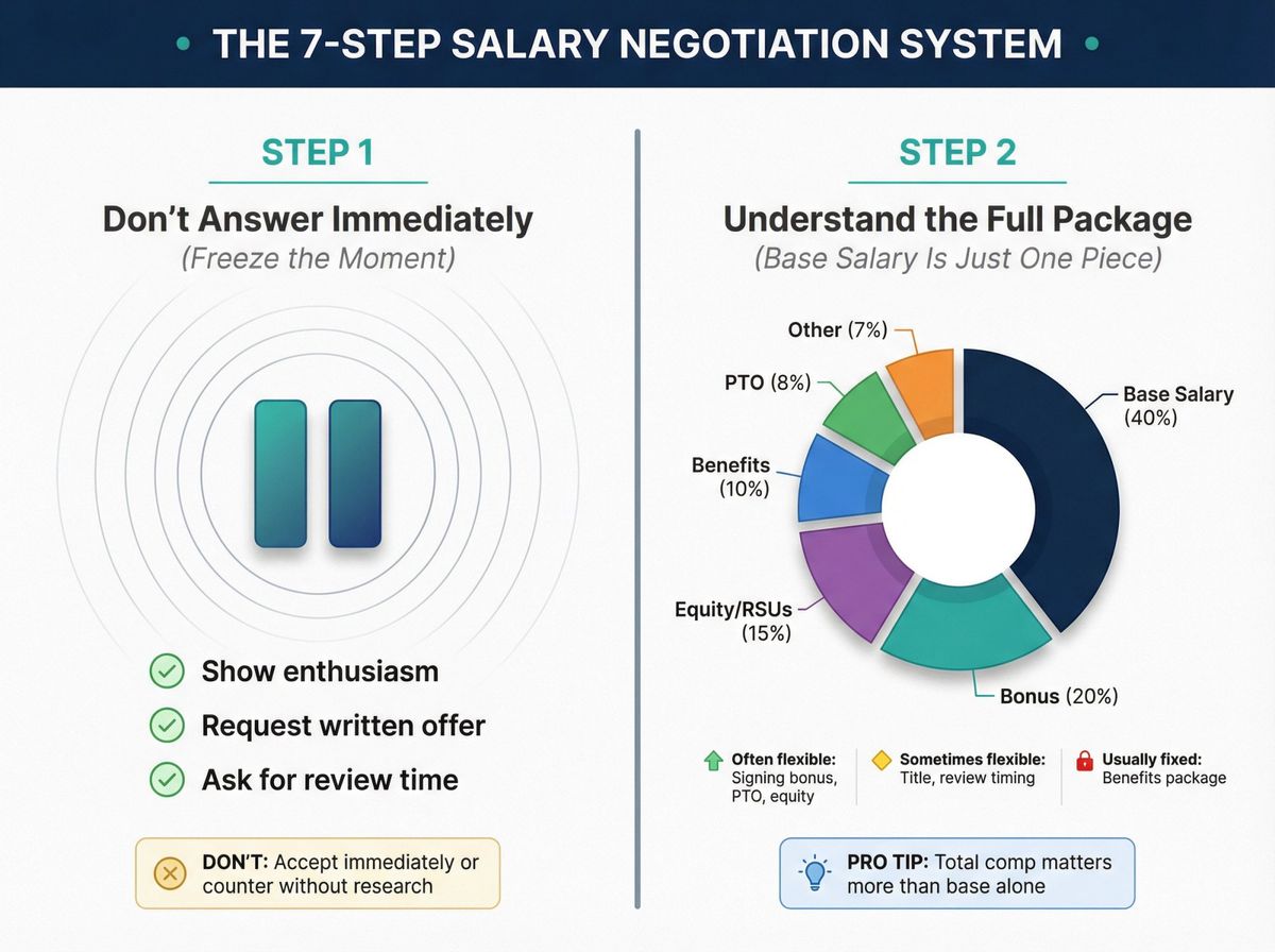 Visual roadmap showing the first two critical steps of salary negotiation: pausing to freeze the moment and understanding the full compensation package beyond base salary