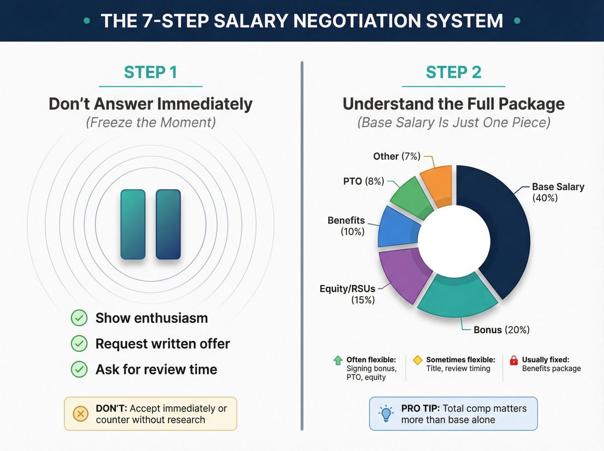 Visual roadmap showing the first two critical steps of salary negotiation: pausing to freeze the moment and understanding the full compensation package beyond base salary