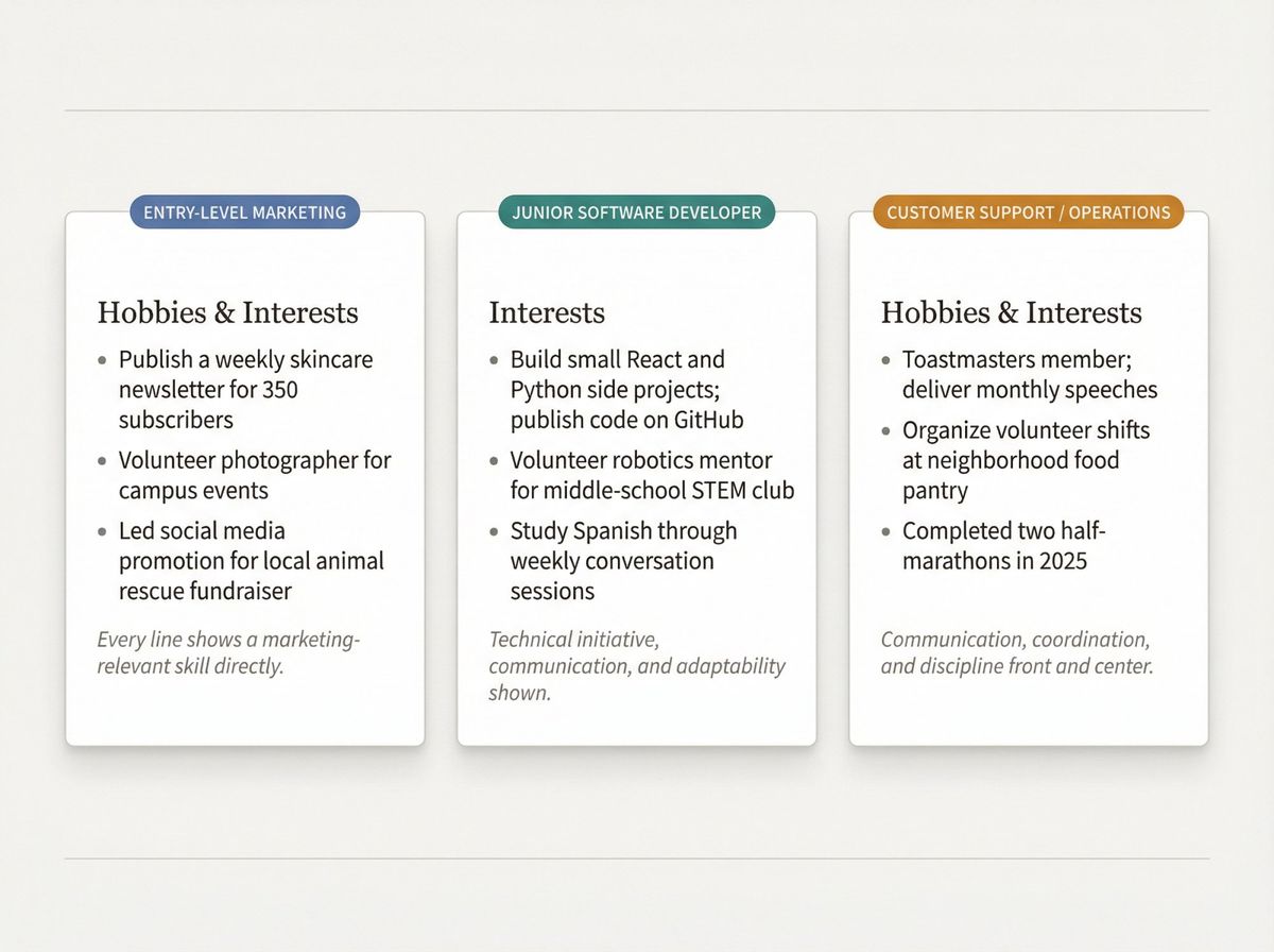 Three resume hobbies section examples side by side: Entry-Level Marketing, Junior Software Developer, and Customer Support roles