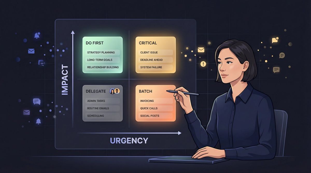 Editorial illustration of a focused professional calmly organizing a priority matrix with impact vs. urgency axes on a dark-mode dashboard