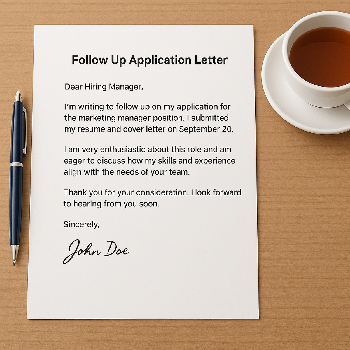 Follow-up application letter on a desk with a pen and cup of tea.