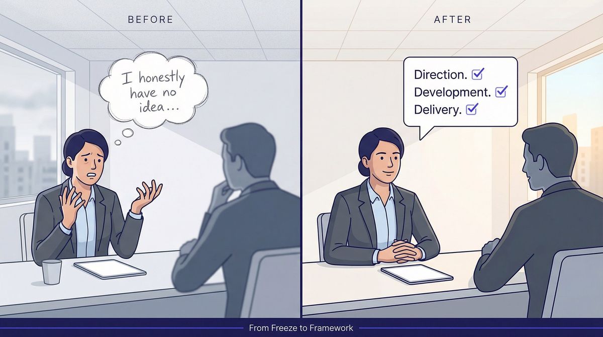 Split editorial illustration: candidate freezing at 5-year interview question on left, confidently answering with a clear framework on right