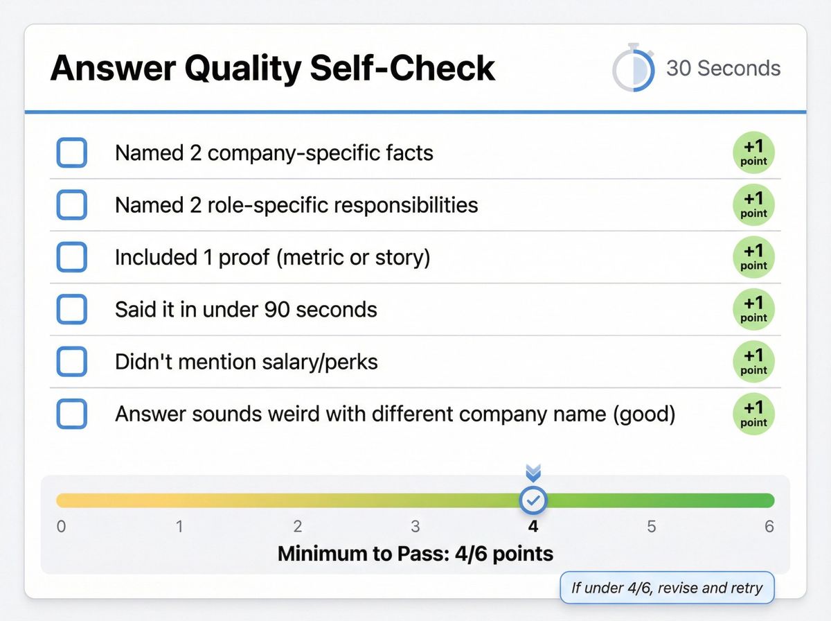 Interactive self-assessment scorecard showing 6 criteria for evaluating interview answers with 4/6 passing threshold
