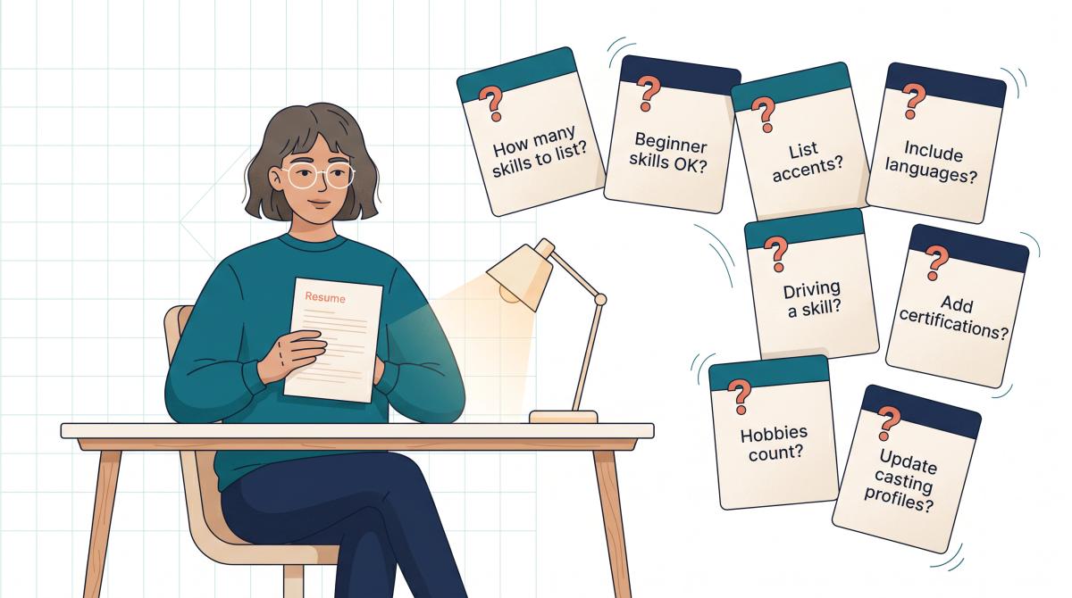 Editorial illustration of FAQ cards about acting resume special skills arranged around a thoughtful actor figure, teal and navy palette
