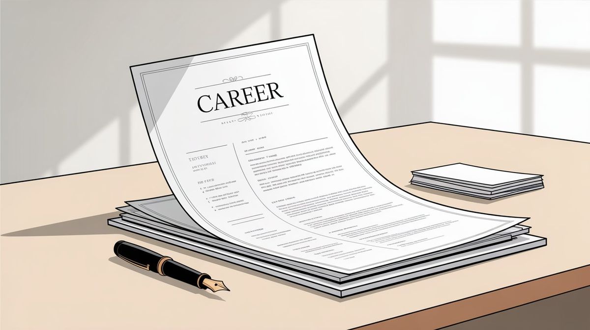 Hand-drawn illustration of a professional resume document titled "CAREER" lying on a warm wooden desk, slightly curled at the edges, with a sleek black pen and reading glasses resting beside it, symbolizing resume preparation and skill documentation
