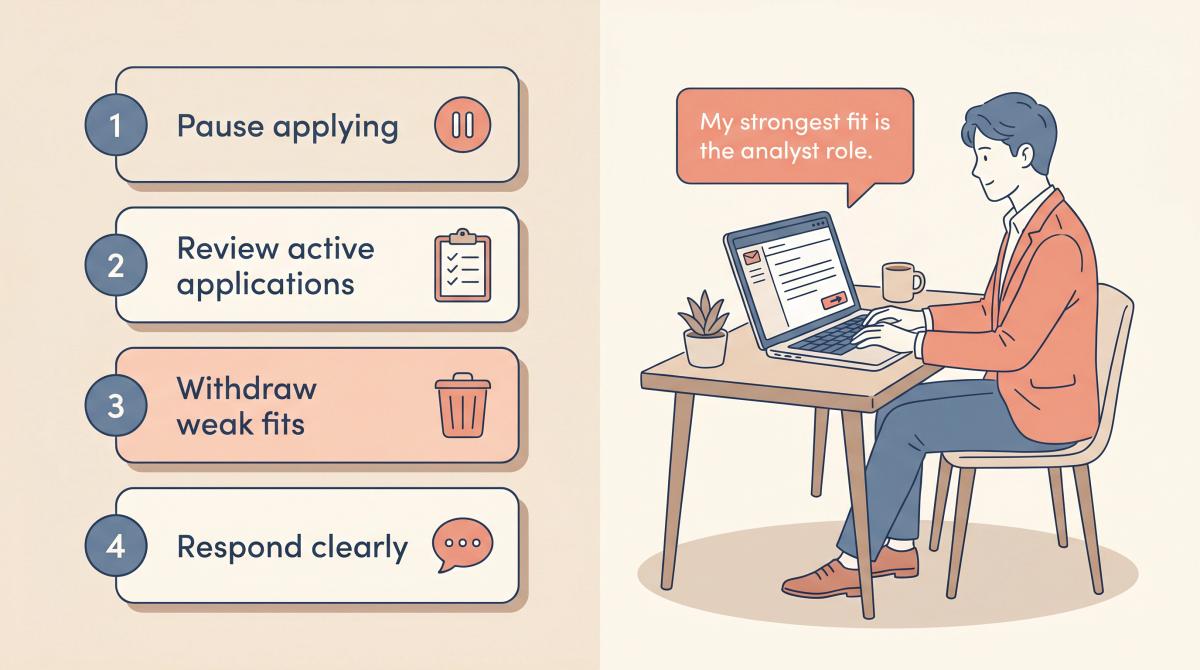 Four-step recovery plan illustration showing a job seeker turning scattered applications into a focused, strategic message to a recruiter