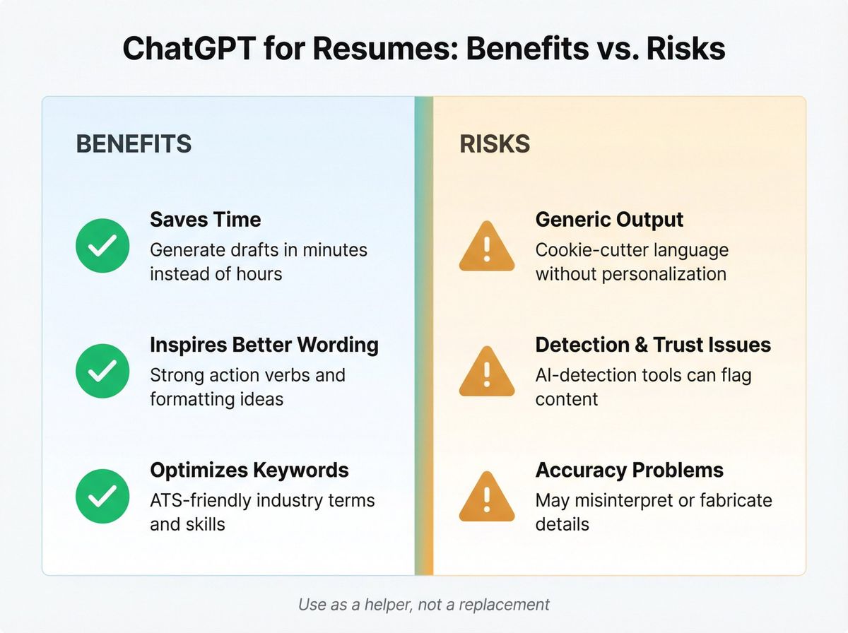Split-panel infographic comparing ChatGPT resume benefits versus risks with visual icons