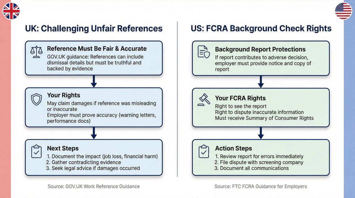 Split-screen legal infographic showing UK and US pathways for challenging bad references, with flowcharts and key regulatory citations