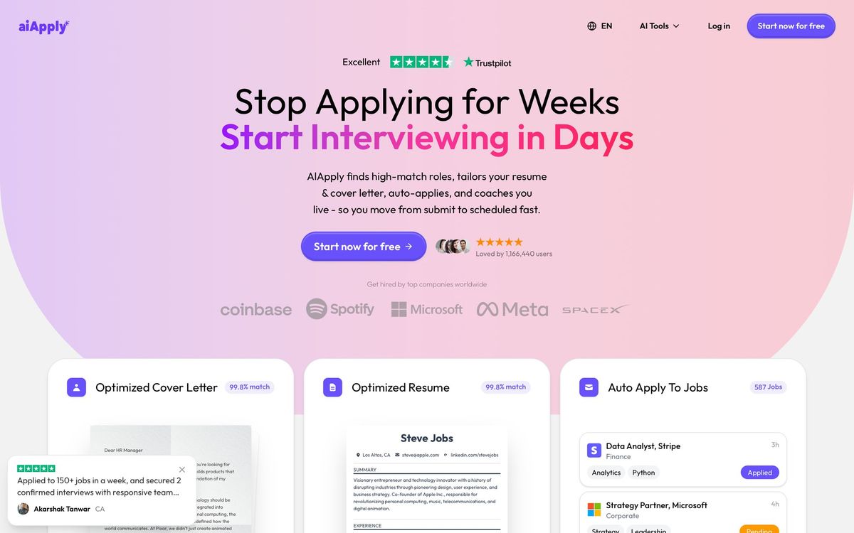 AIApply homepage showcasing job application tools: optimized cover letters, resumes, and auto-applying, with user testimonials.