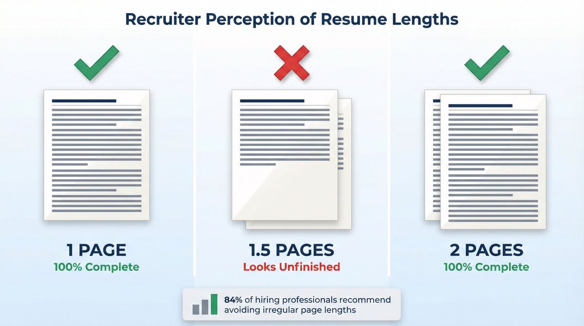 Split-screen comparison showing three resume stacks: a clean 1-page resume (green checkmark), an awkward 1.5-page resume with half-empty second page (red X), and a well-filled 2-page resume (green checkmark)