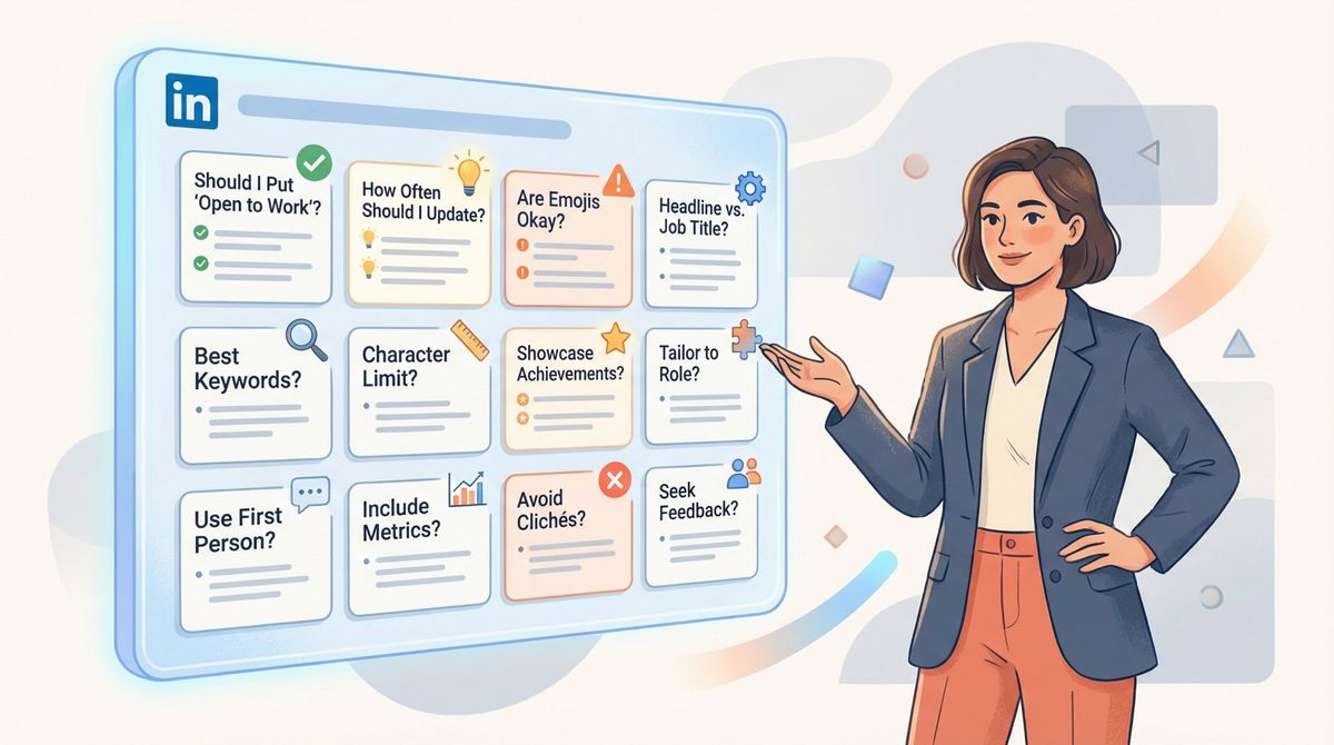 Professional job seeker reviewing LinkedIn headline FAQ board with common questions and expert answers