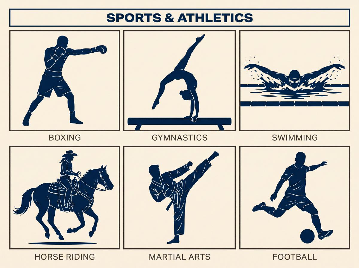 Dynamic editorial grid of sports silhouettes: boxing, gymnastics, swimming, and horseback riding, representing actor physical skills