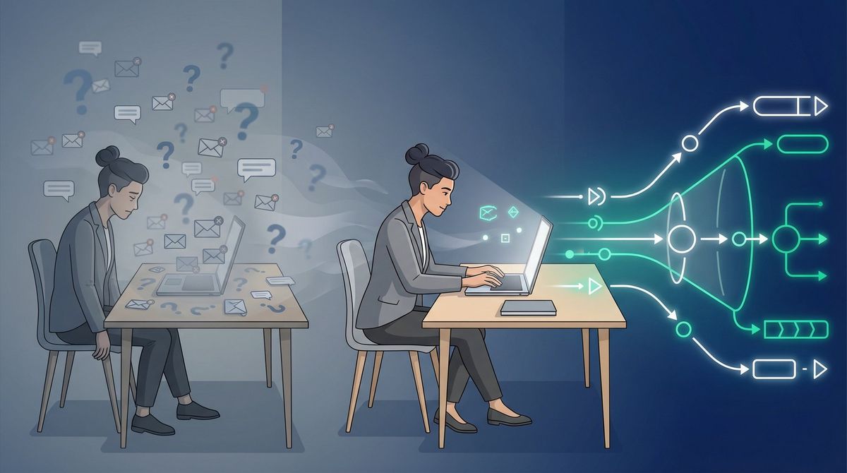 Determined job seeker at desk transitioning from scattered rejections to a clear strategic path forward, editorial illustration