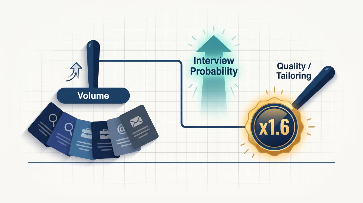 Editorial illustration of two levers — application volume and tailoring quality — combining to multiply interview probability