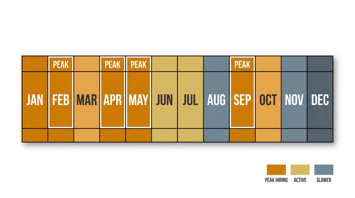 Year-round hiring calendar showing peak job search months Jan-Feb, Apr-Jun, Sep-Oct highlighted in warm amber versus slower months in cool grey