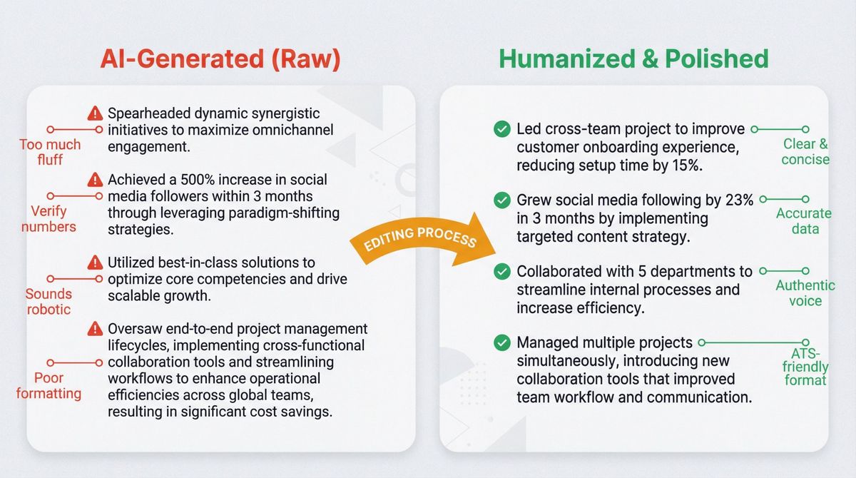 Split-panel comparison showing raw AI-generated resume versus humanized, polished version with editing checklist callouts