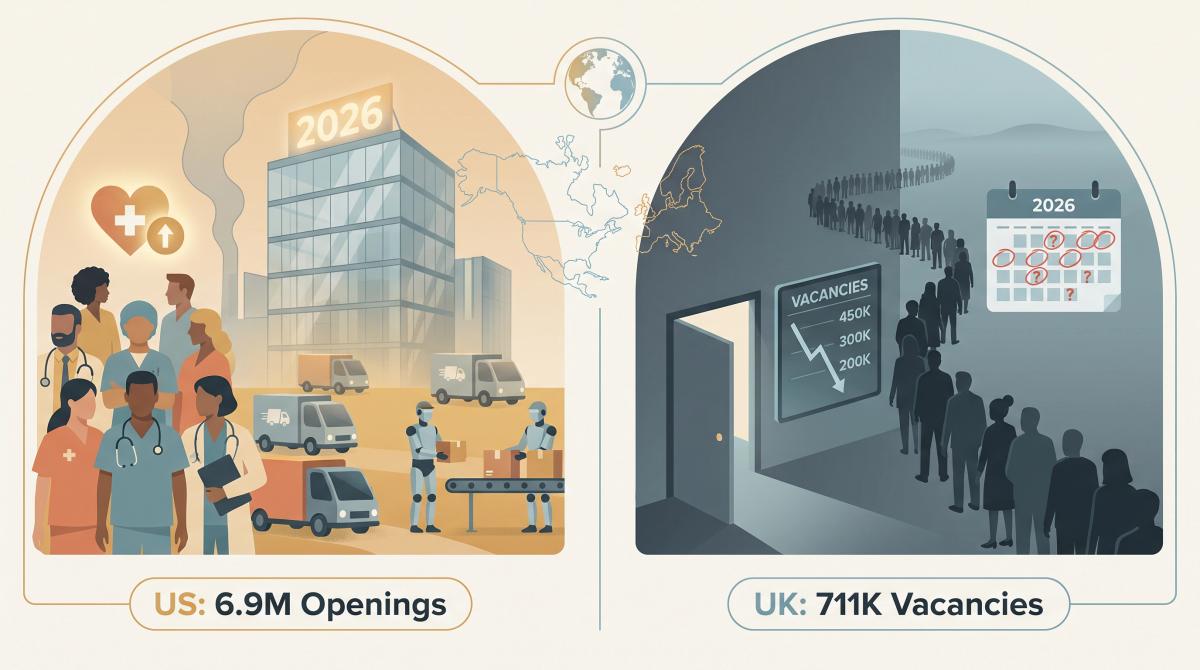 Split editorial illustration contrasting US and UK 2026 job markets with sector divergence and application volume guidance