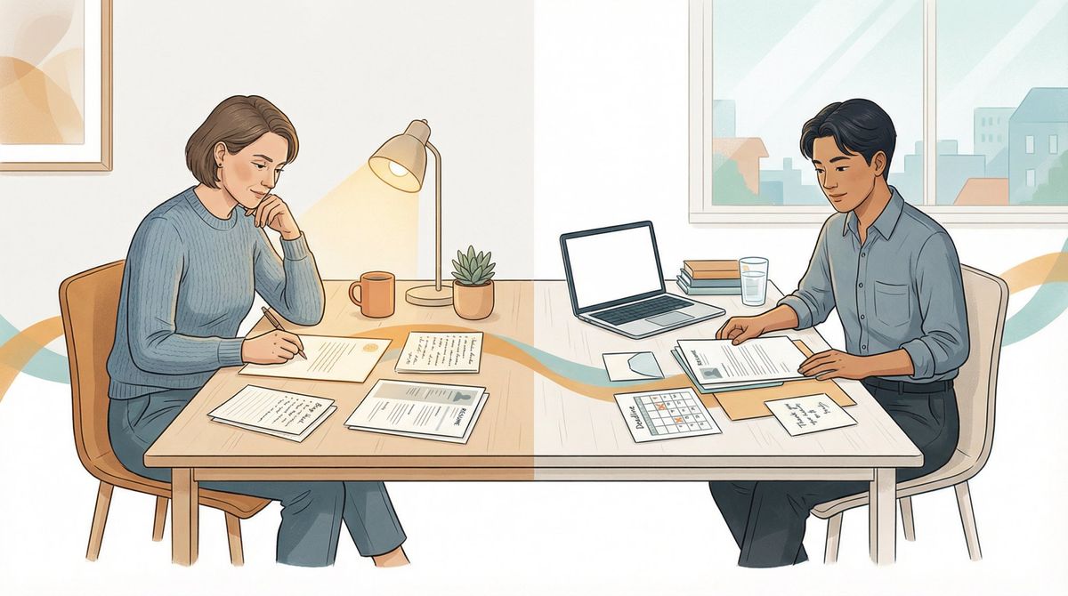 Editorial illustration showing a recommender writing a letter with notes beside them and a candidate preparing their application packet — both sides ready