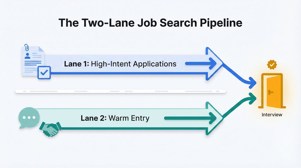 Two-lane job search pipeline diagram showing High-Intent Applications and Warm Entry tracks converging into a job offer