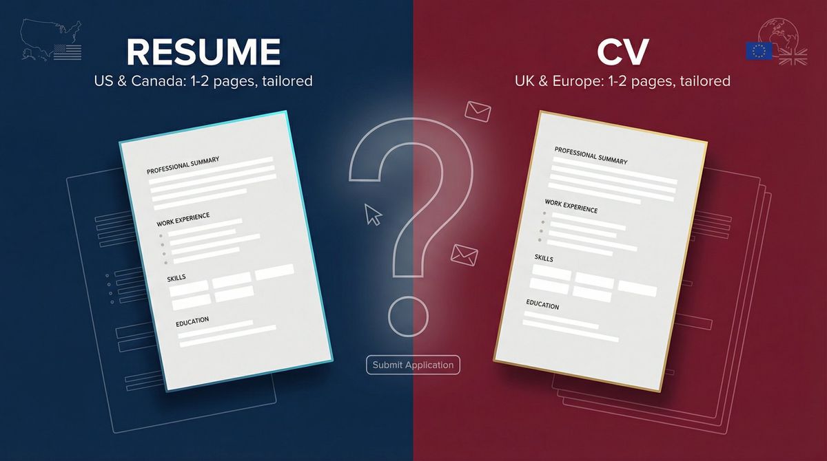 Split-screen editorial illustration showing resume vs CV confusion with geographic context and document duality