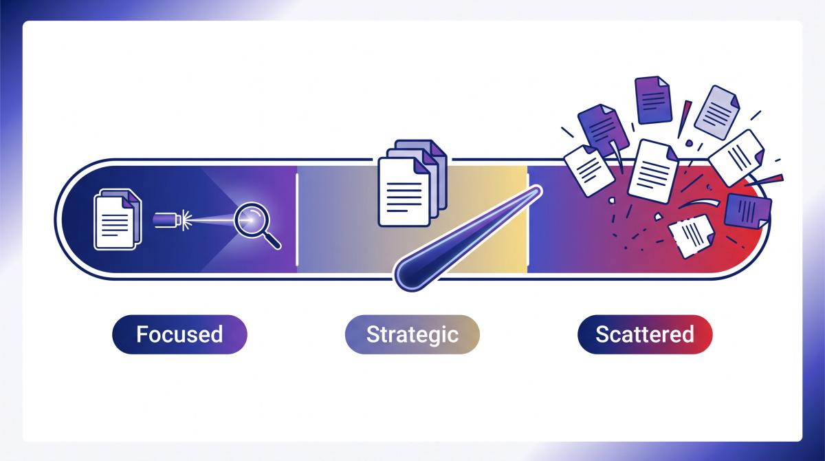 Illustrated dial showing job application volume spectrum from focused (1-2 roles) to spray-and-pray (8+) at one company