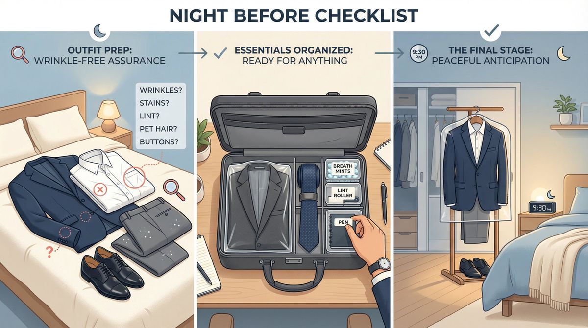 Visual checklist showing interview outfit preparation steps with outfit laid out, including wrinkle check, backup items, and essential accessories