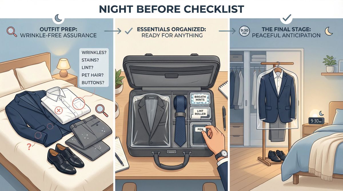 Visual checklist showing interview outfit preparation steps with outfit laid out, including wrinkle check, backup items, and essential accessories