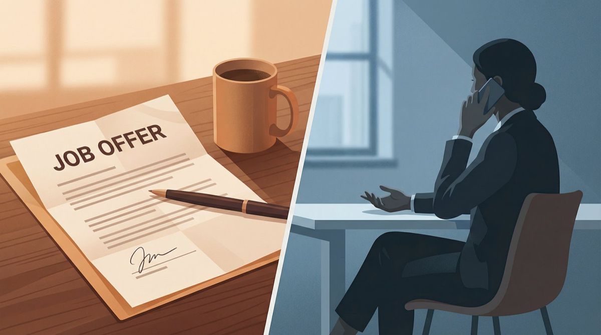 Split editorial illustration: signed job offer letter on desk beside a professional making a composed phone call to withdraw acceptance