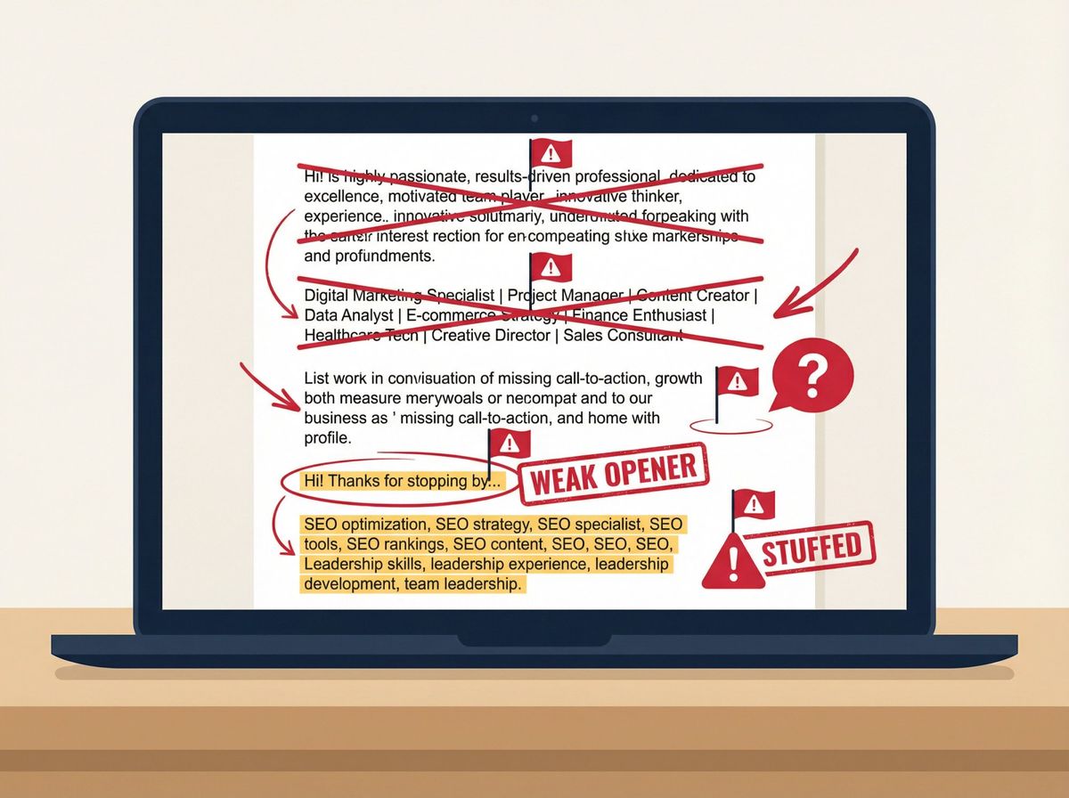 Editorial illustration showing five LinkedIn About section mistakes as red warning flags on a rejected profile draft