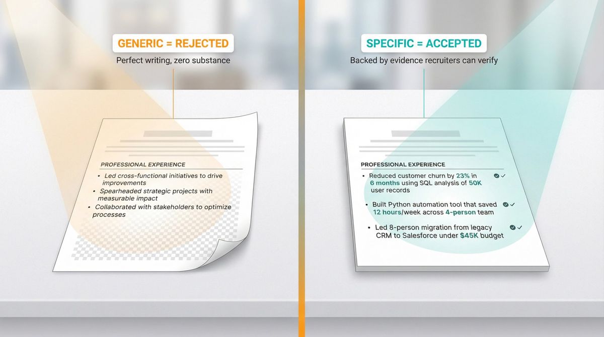 Visual comparison showing generic AI-written resume getting rejected versus specific evidence-based resume getting accepted