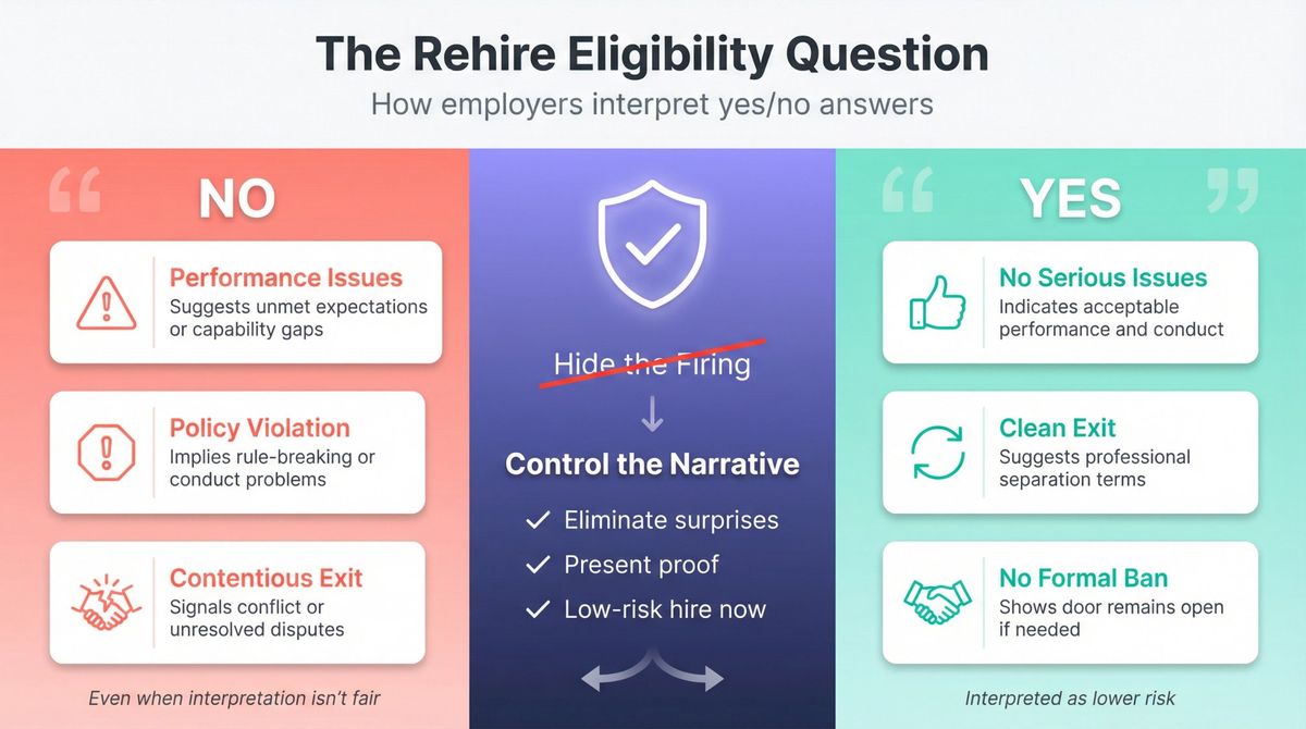 Split-panel infographic comparing employer interpretations of 'No' vs 'Yes' rehire eligibility answers with strategic narrative control framework