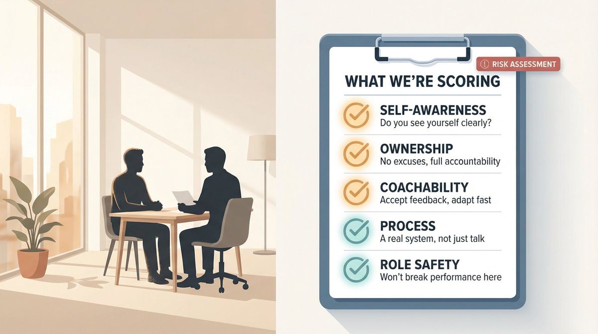 Editorial illustration of an interviewer's 5-signal mental scorecard evaluating a job candidate's weakness answer