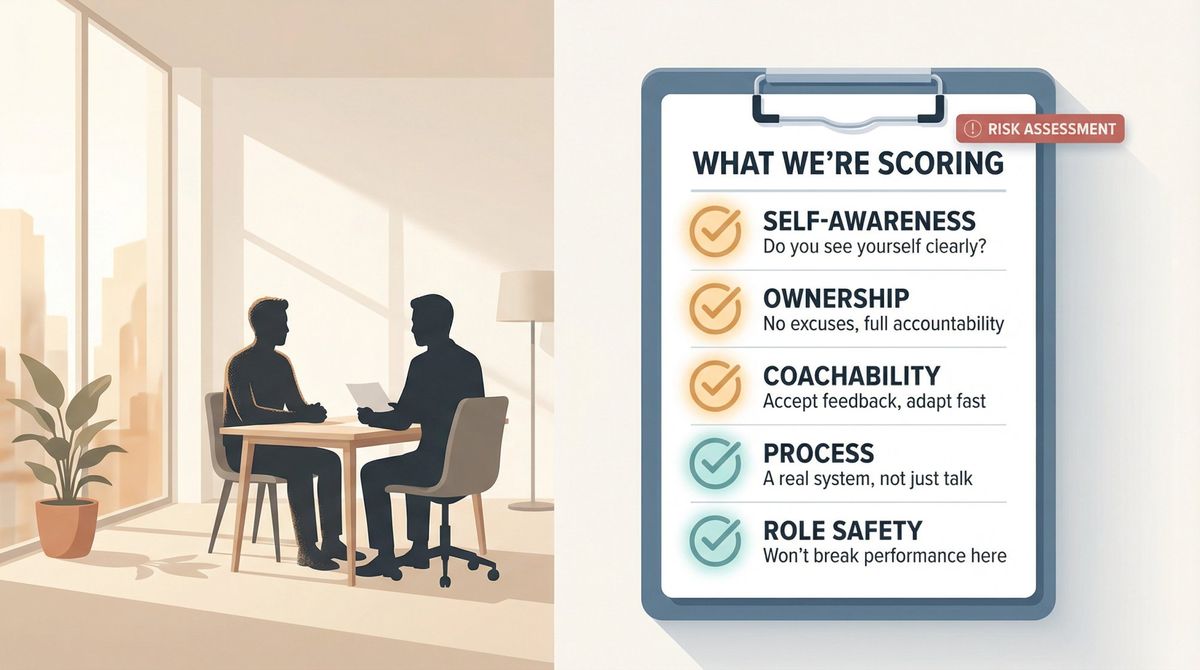 Editorial illustration of an interviewer's 5-signal mental scorecard evaluating a job candidate's weakness answer